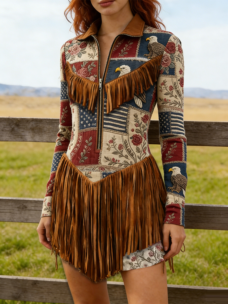 Vintage Patchwork Floral Eagle Flag Tassel Western Dress